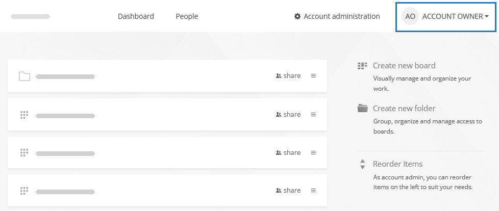 Dashboard contents for an account owner