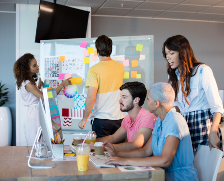 A team and their workflow visualized on a physical Kanban board