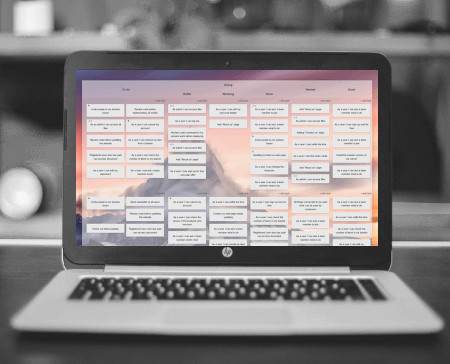 A Kanban Tool board on a laptop