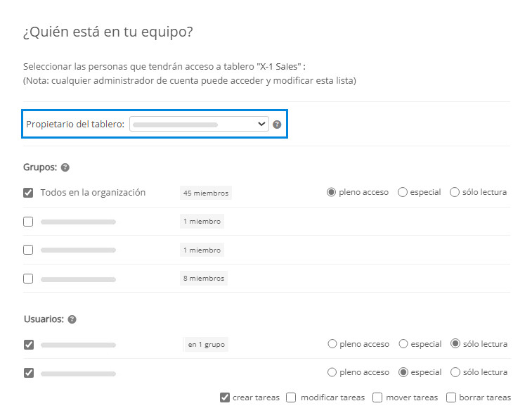 Configuración del propietario del tablero