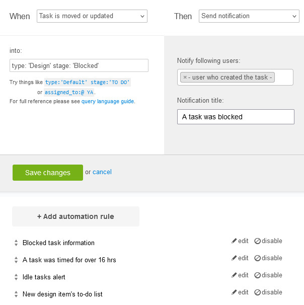 Custom process automation in kanbantool Custom process automation at a Kanban Tool board settings page
