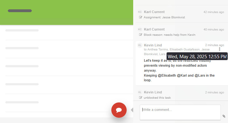 Kanban Tool task with automatic editing records and a comment recording a decision being made