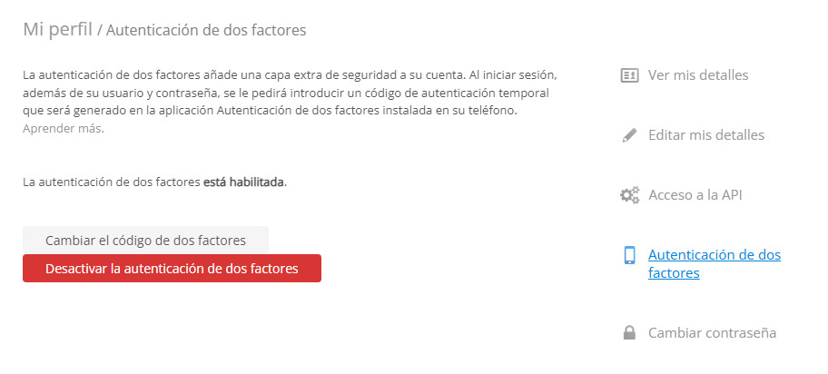 Desactivar la autenticación de dos factores