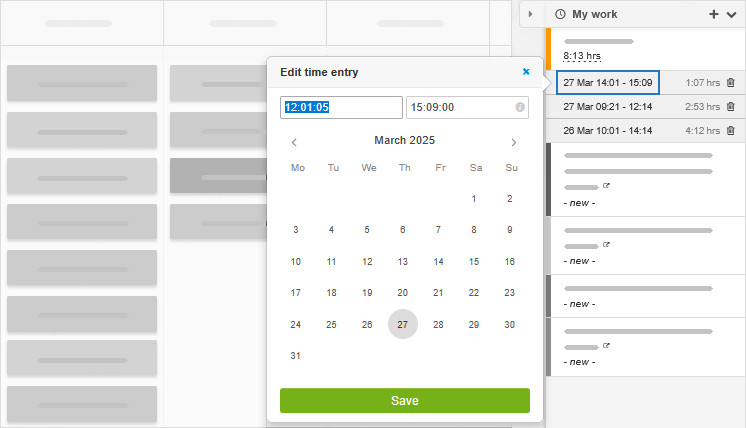 Editing a time entry from My Work Editing a time entry from My Work