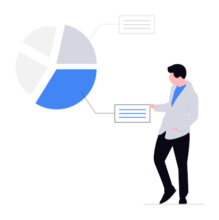Kanban and OKRs Man stands in front of a pie chart analysis