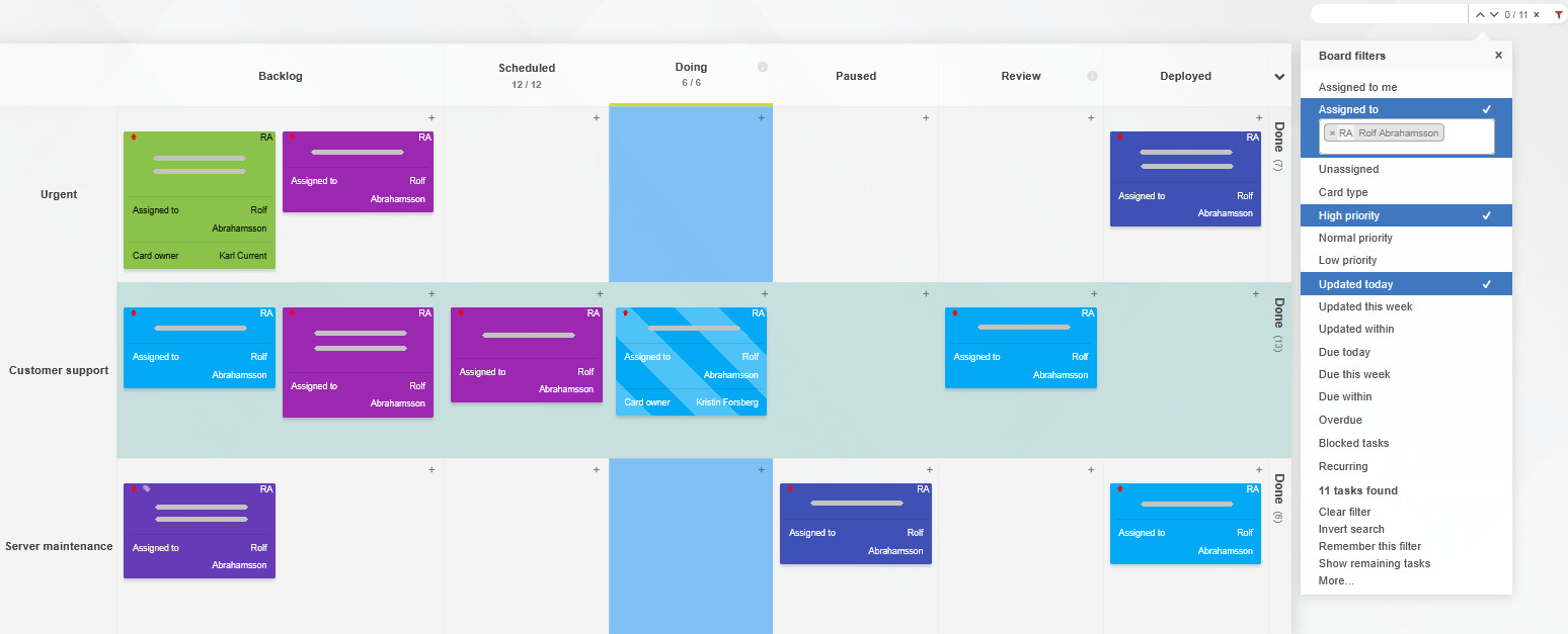 A Kanban Tool board filtered by several criteria