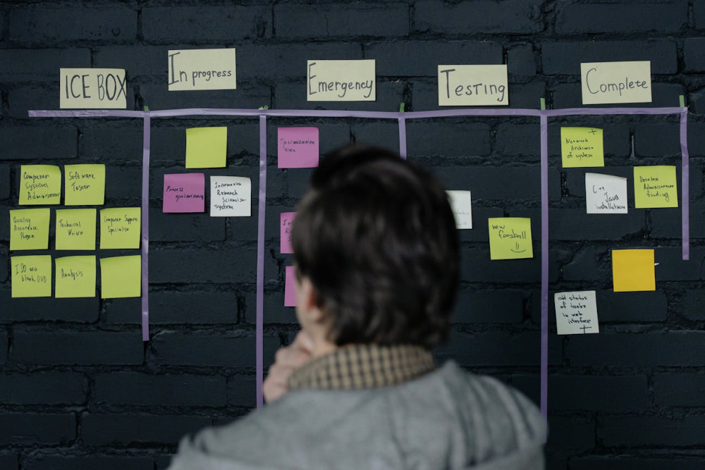 A physical Kanban board with sticky notes