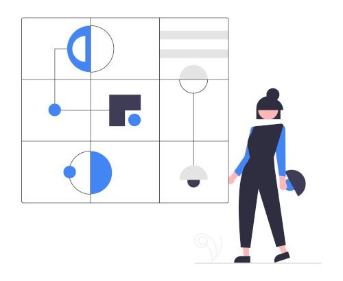 Kanban or Scrum Woman next to a visual board with abstract diagrams
