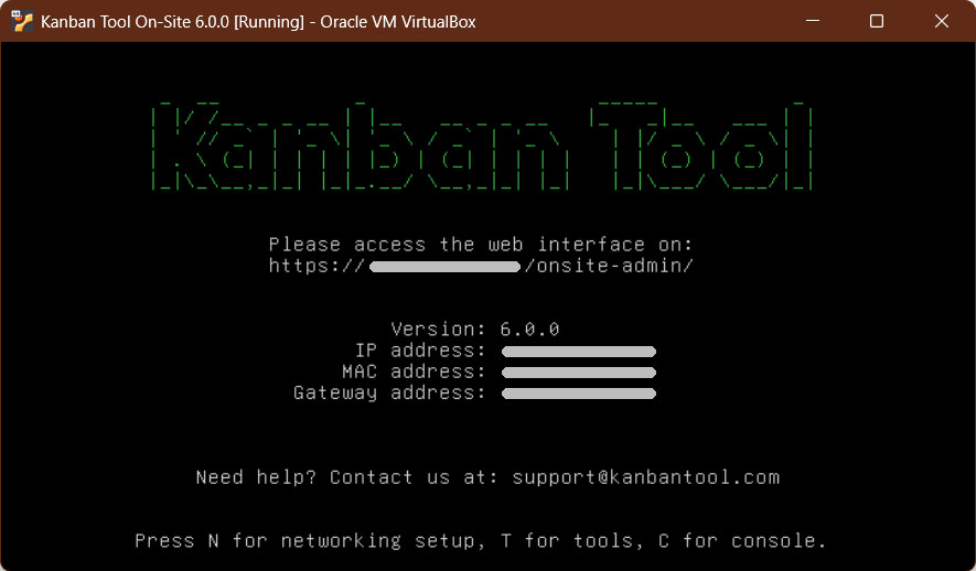 Kanban Tool On-Site virtual machine welcome screen