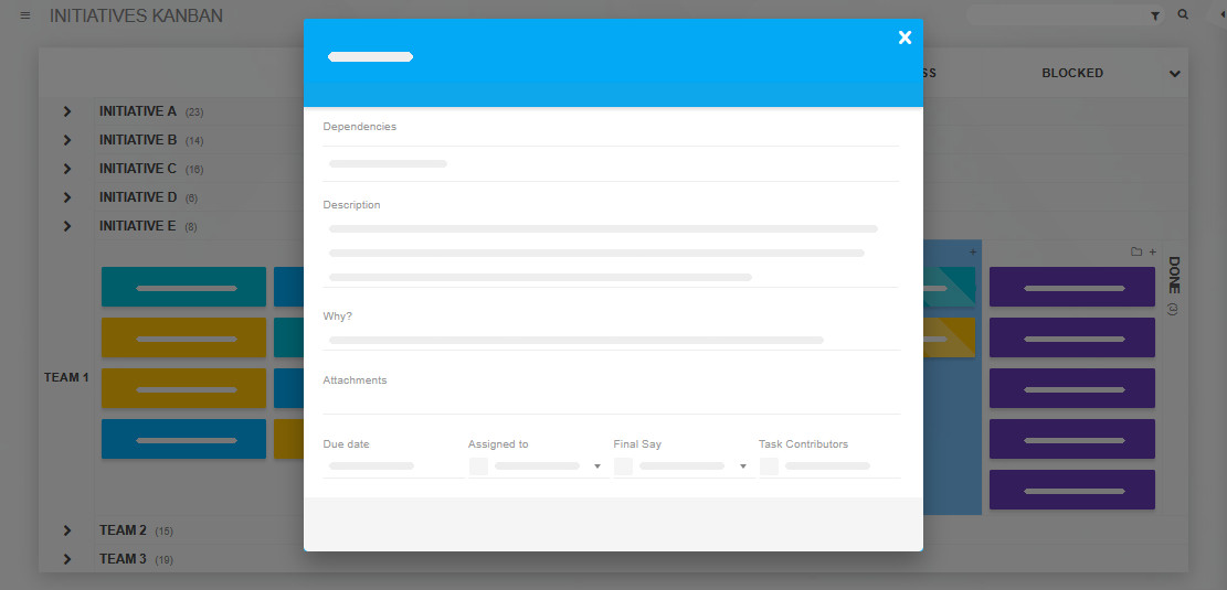 A Kanban Tool task card with a link to the overarching initiative and a Why field