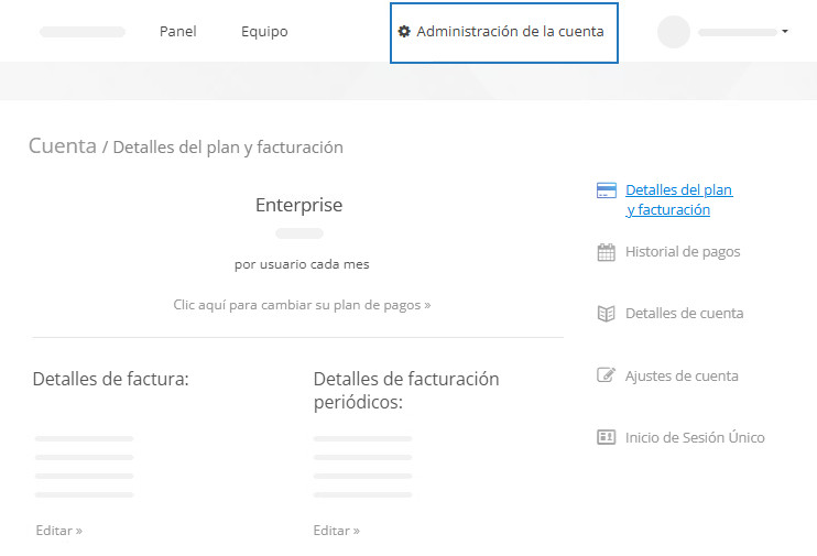 La página Administración de la cuenta
