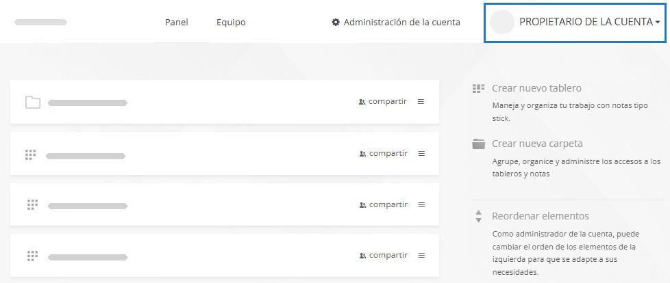 Contenido del panel para el propietario de una cuenta