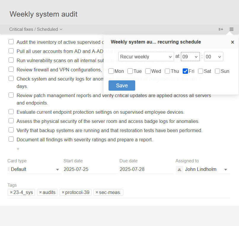 An example recurring task setup in Kanban Tool