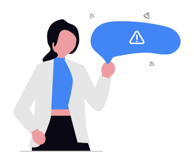 Business woman stands next to an exclamation mark