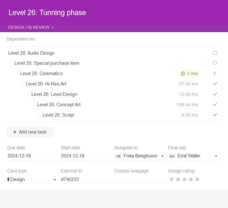 Task dependencies tree A Kanban Tool task card with a dependencies tree inside