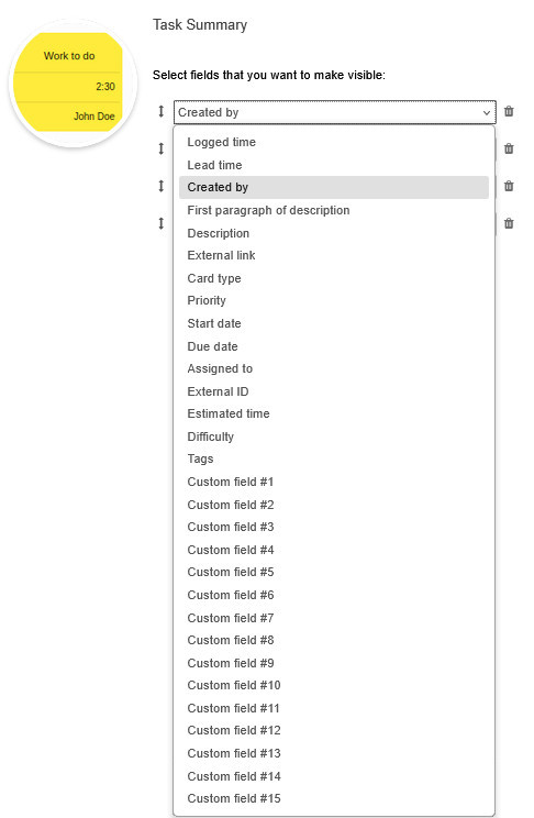 The Task Summary power-up settings
