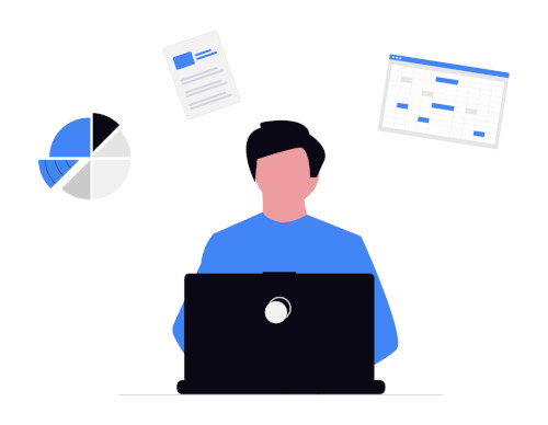 Track the flow, review and evolve Man with a laptop and process metrics behind him