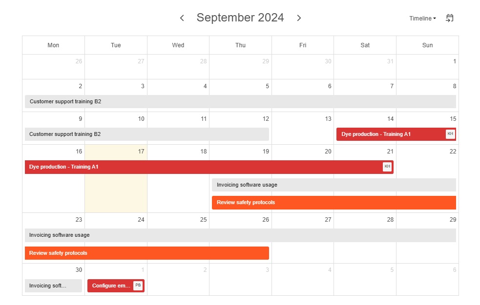 Transparent training schedules Kanban Tool's built-in interactive calendar view with task timelines