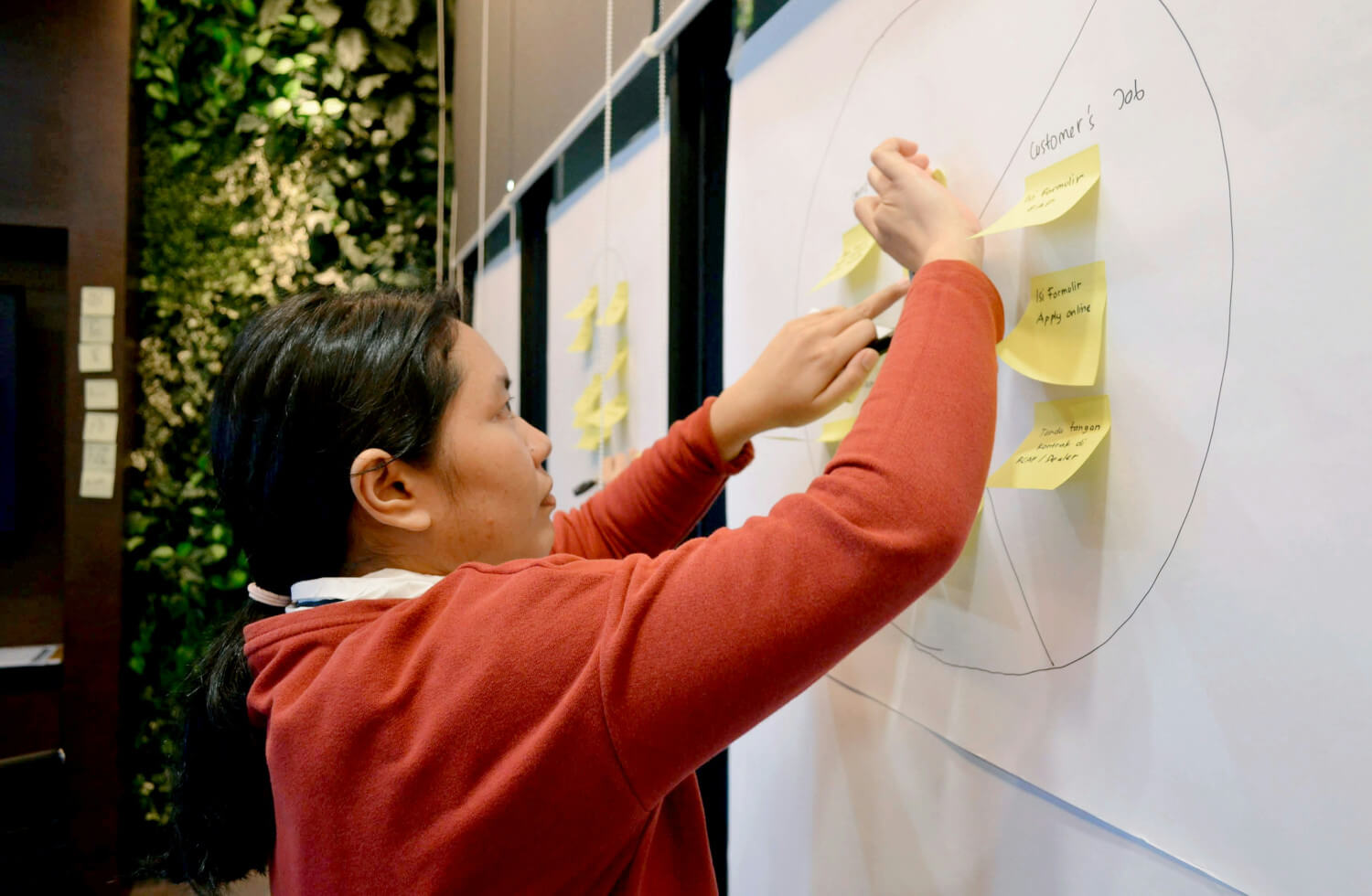 A woman visualizes her work with sticky notes on a whiteboard