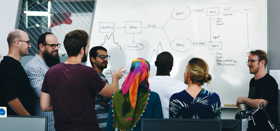 A team standing in front of an office visual board