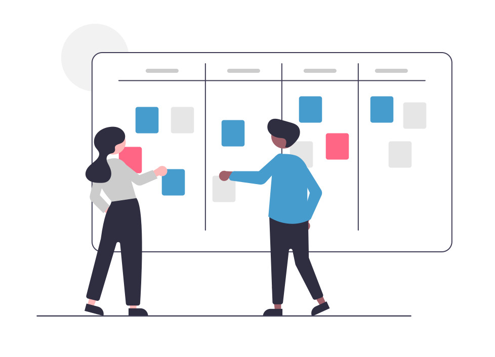 A team in front of their Kanban process board