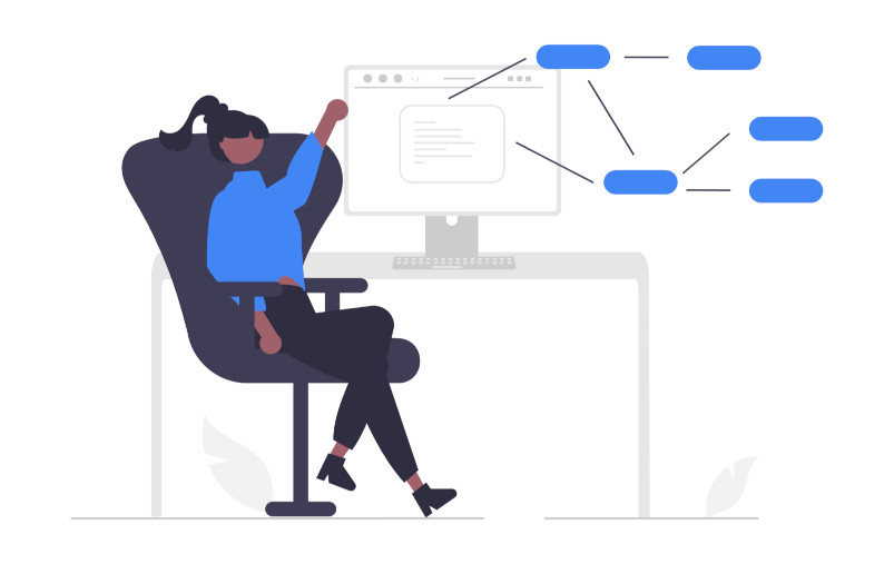 What is Lean Value Stream Mapping (VSM)? Software engineer sitting at her desk and a process map unfolds from the PC screen