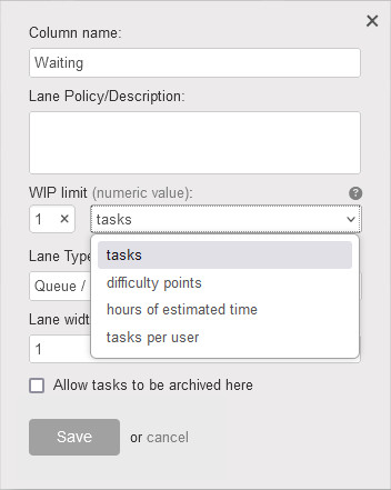 WIP limit types in Kanban Tool Kanban Tool WIP limit options for a column/work stage