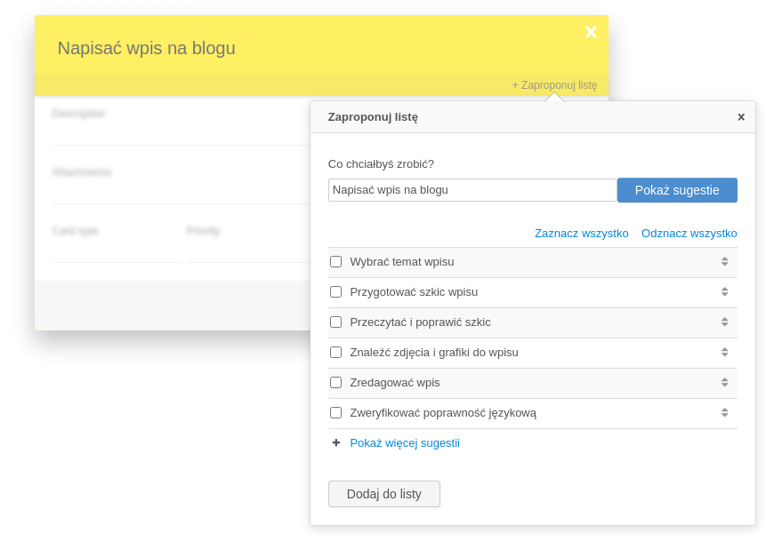 Proponowanie elementów listy na kartce Kanban Tool z asystentem AI