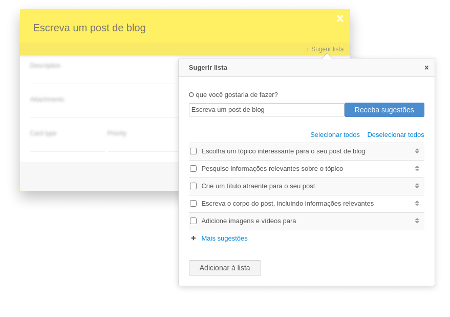 Geração de sugestões de lista de verificação em um cartão Kanban Tool com AI assistente