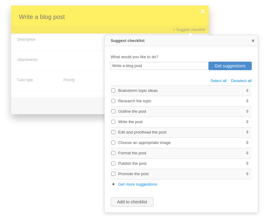 Generating checklist suggestions on a Kanban Tool card with AI assistant