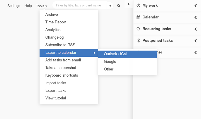 Export tasks form Kanban Tool to Outlook calendar