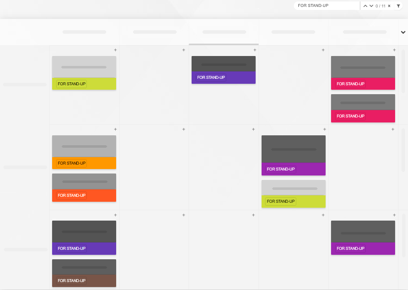 A Kanban Tool board filtered by FOR STAND-UP tasks