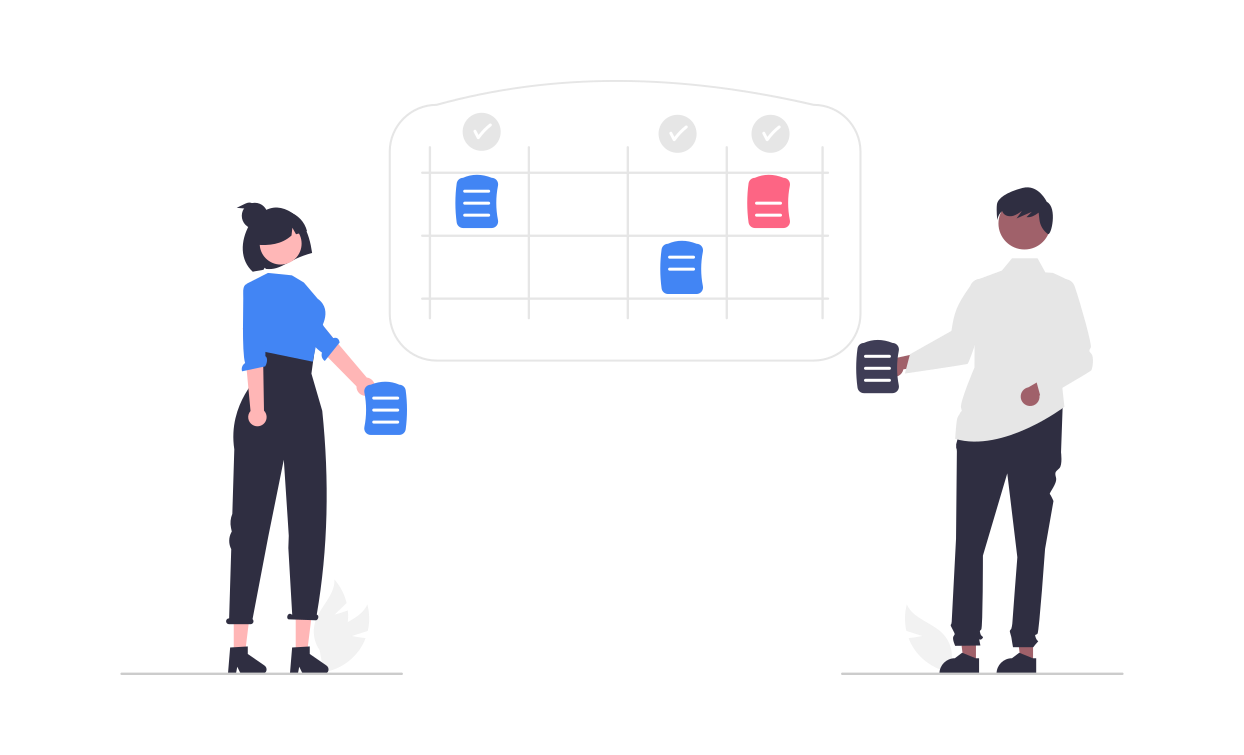 Colleagues stand in front of a visual kanban with rows and columns